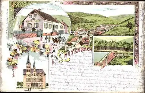 Litho Lautenbach Elsass Haut Rhin, Wirtschaft zum Blumenthal, Lauchenweiher, Kirche