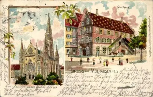 Litho Mulhouse Elsaß Haut Rhin, Stadthaus, Protest. Kirche