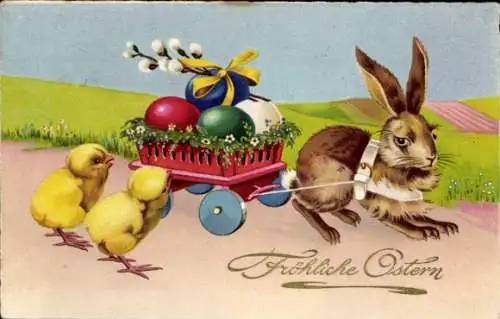 Ak Glückwunsch Ostern, Osterhase, Küken, Ostereier, Weidenkätzchen