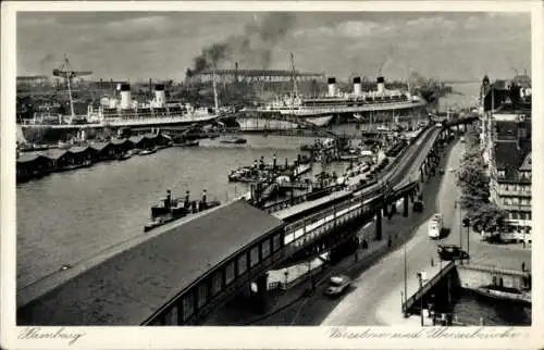 Ak Hamburg Mitte Altstadt, Vorsetzen, Überseebrücke, Anleger, Dampfschiffe, Straßenbahn