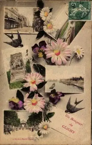 Ak Clichy Hauts de Seine, Denkmal, Hafen, Blumen, Schwalben