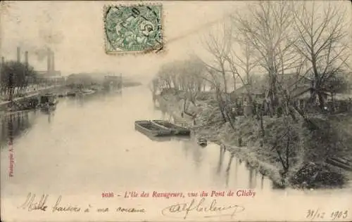 Ak Clichy Hauts de Seine, Ile des Ravageurs, Blick von der Brücke