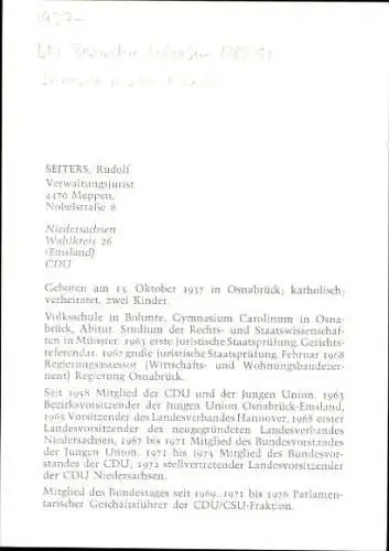 Foto Rudolf Seiters, Politiker, Autogramm