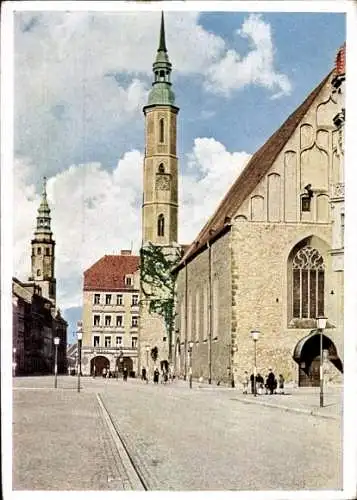 Ak Görlitz Oberlausitz, Obermarkt mit Dreifaltigkeitskirche, Rathausturm, Mönch