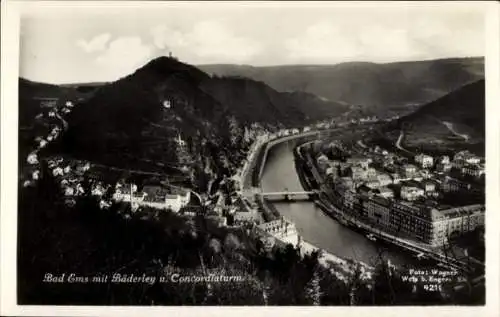 Ak Bad Ems an der Lahn, Totalansicht, Bäderley, Concordiaturm