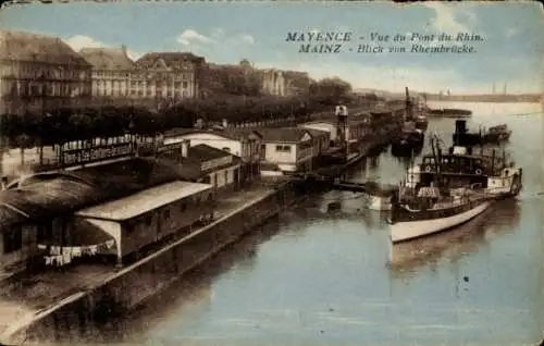 Ak Mainz am Rhein, Hafen, Schiffe, Blick von der Rheinbrücke
