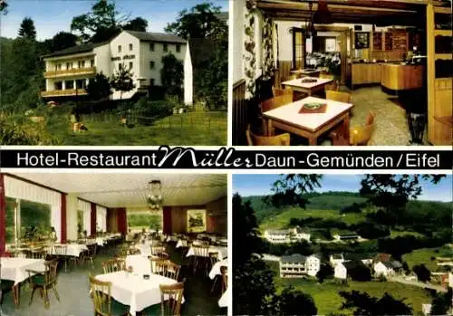 Ak Gemünden Daun in der Eifel, Hotel-Restaurant Müller, Außenansichten, Innenräume