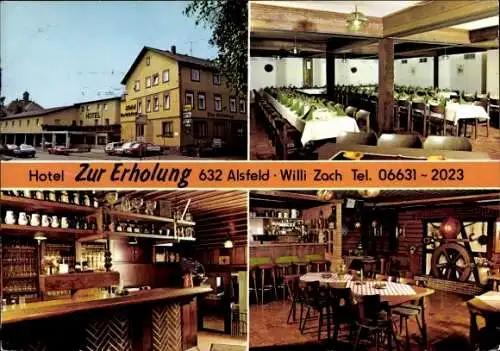 Ak Alsfeld in Hessen, Hotel Zur Erholung, Bar, Speiseraum, Saal, Außenansicht