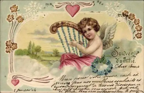 Präge Litho Engel spielt Harfe, Herzen, Kitsch