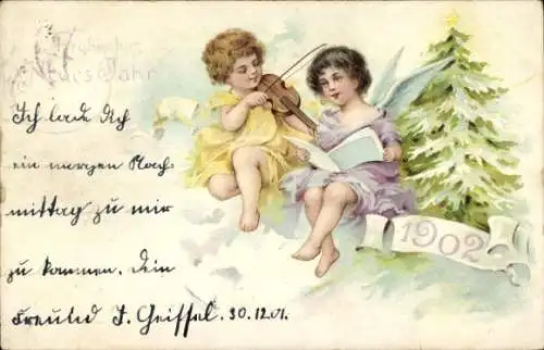 Litho Glückwunsch Neujahr 1902, Engel spielt Geige, Tannenbaum