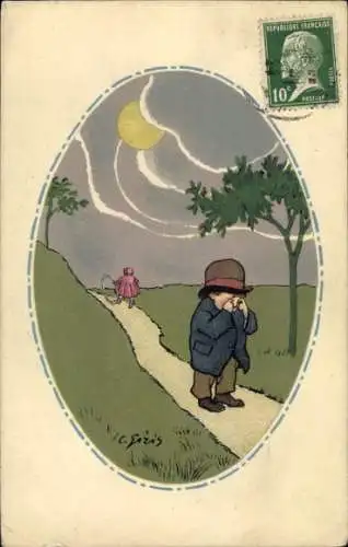 Passepartout Künstler Ak Weinender Junge, Gebrochenes Herz, Mond