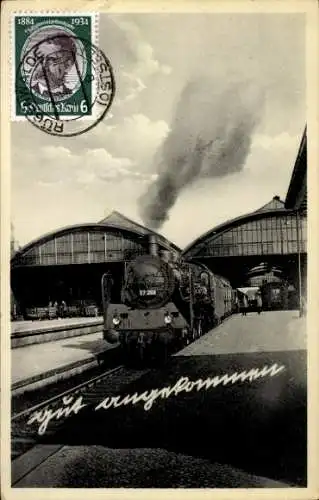 Ak Gut angekommen, deutsche Eisenbahn, Dampflok, Bahnhof