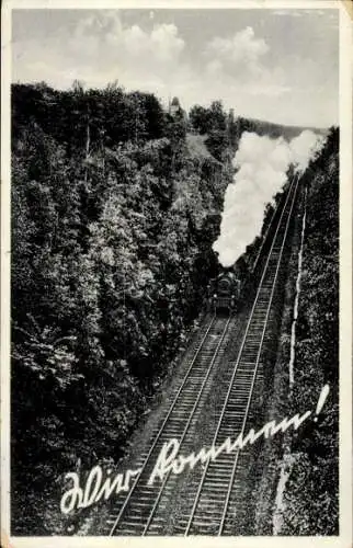 Ak Deutsche Eisenbahn, Bahnschienen, Wald, Wir kommen...