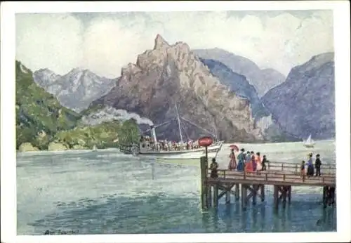 Künstler Ak Lebeda, Traunsee Oberösterreich, Seesteg, Dampfer