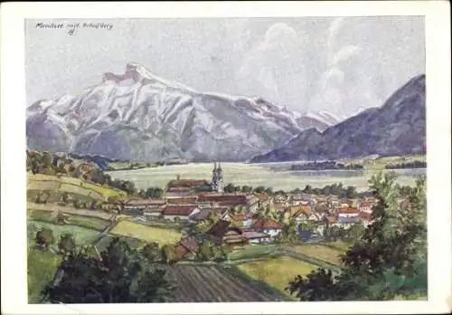 Künstler Ak Lebeda, Mondsee Oberösterreich, Gesamtansicht, Schafberg