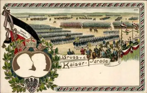 Präge Litho Kaiserparade, Kaiser Wilhelm II., Kaiserin Auguste Viktoria