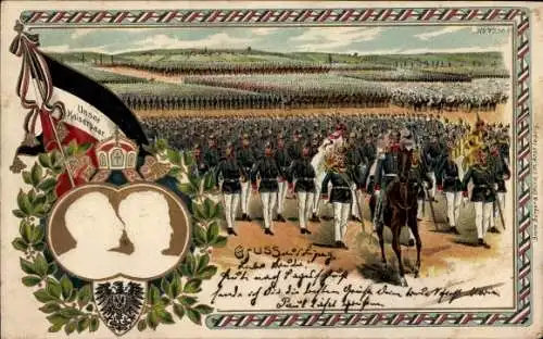 Präge Wappen Litho Kaiserparade, Kaiser Wilhelm II, Kaiserin Auguste Viktoria