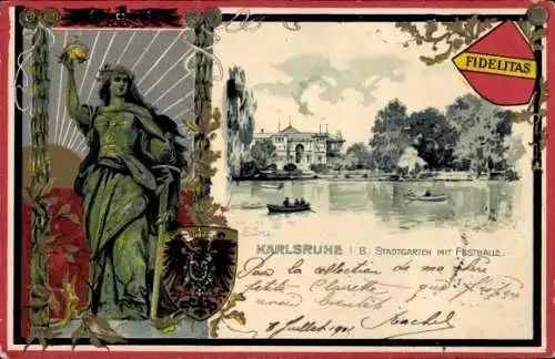 Präge Wappen Passepartout Ak Karlsruhe in Baden, Stadtgarten, Festhalle, Ruderboote, Germania