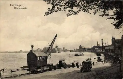 Ak Uerdingen Krefeld am Niederrhein, Rheinufer, Hafen, Kran