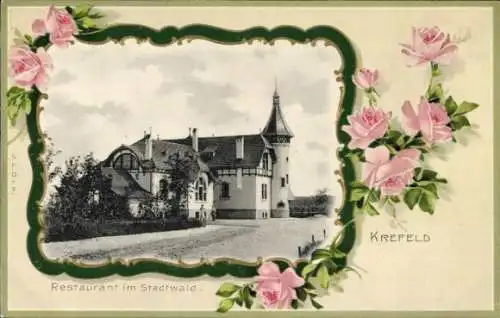 Passepartout Ak Krefeld am Niederrhein, Restaurant im Stadtwald, Rosen