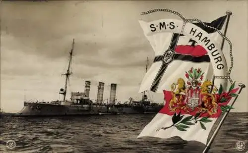 Ak Deutsches Kriegsschiff, SMS Hamburg, Kaiserliche Marine, Fahnen, Wappen, NPG