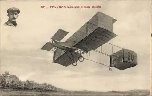 Ak Aviateur Paulhan vole sur biplan Voisin, Flugpionier, Doppeldecker