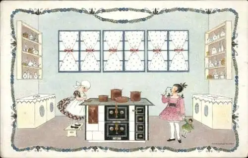 Künstler Ak Köhler, Mela, Küche, Köchin, Mädchen mit Puppe