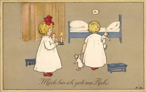 Künstler Ak Baumgarten, Fritz, Kinder gehen zu Bett, Puppen, Müde bin ich geh zur Ruh