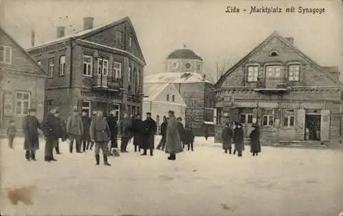 Judaika Ak Lida Weißrussland, Synagoge, Marktplatz, Winteransicht