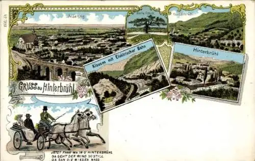 Litho Mödling in Niederösterreich, Klausen, El. Bahn, Hinter-, Vorderbrühl, Breite Föhre, Kutsche