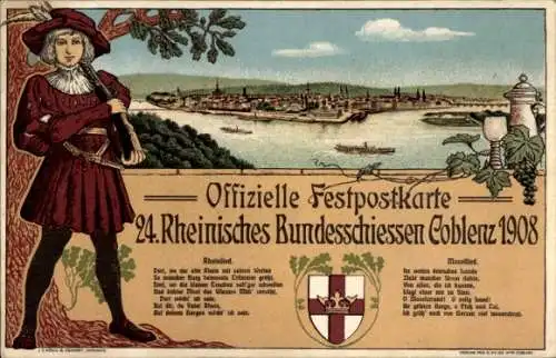 Wappen Ak Koblenz am Rhein, 24. Rheinisches Bundesschießen 1908,Rheinlied, Mosellied
