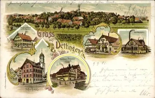 Litho Dettingen Gerstetten in Baden Württemberg, Gasthaus Brauerei zum Hirsch, Buchbinderei J. Maier