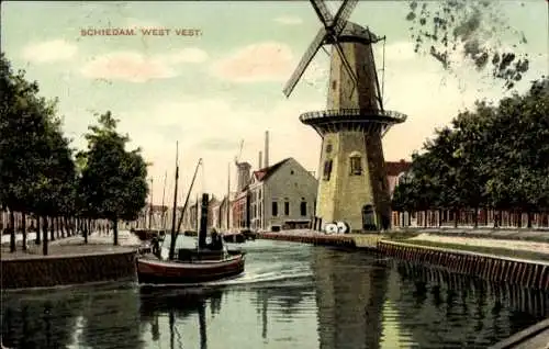 Ak Schiedam Südholland Niederlande, Westwest, Mühle, Boot