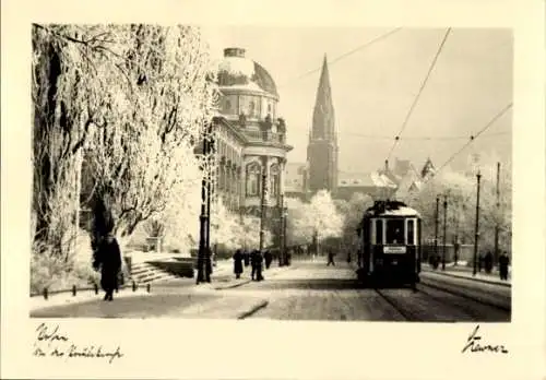 Ak Poznań Posen, Paulikirche, Straßenbahn, Winter