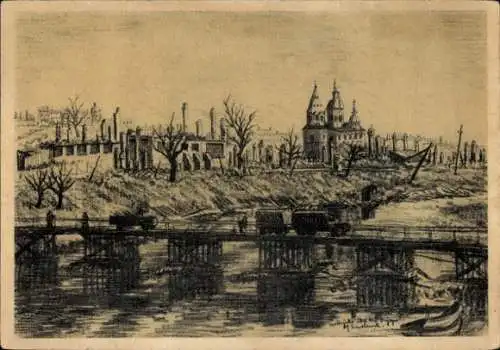 Künstler Ak Ameln, Will, Smolensk Russland, Notbrücke über den Dnjepr