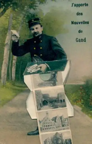 Leporello Ak Gand Gent Ostflandern, Giebelhäuser, Burg, Briefträger