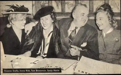 Ak Schauspielerin Frances Scully, Irene Rich, Sonja Henie, Tom Breneman, Breakfast in Hollywood