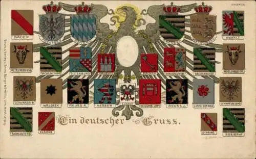 Präge Wappen Litho Ein deutscher Gruß, Kaiser Wilhelm II., Anhalt, Sachsen, Hamburg, Bayern