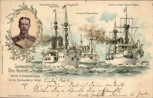 Litho Kaiserliche Marine, Kriegsschiffe SMS Gefion, Deutschland, Kaiserin Augusta, Prinz Heinrich