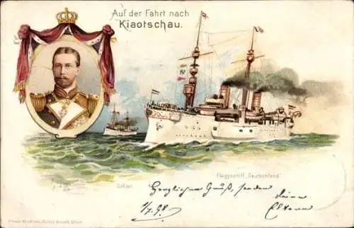 Litho Deutsches Kriegsschiff, SMS Deutschland, Fahrt nach Kiautschou, Jiaozhou China,Kaiserl. Marine