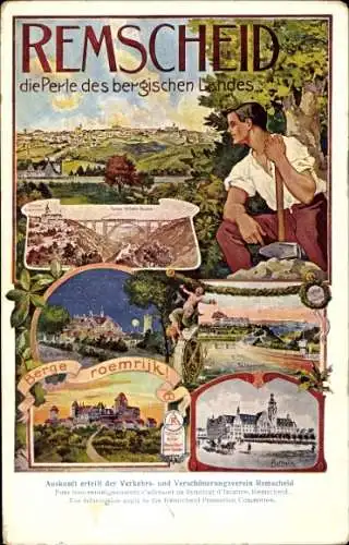 Künstler Ak Remscheid im Bergischen Land, Rathaus, Talsperre, Schloss Burg, Kaiser Wilhelm Brücke