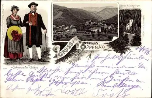 Litho Oppenau im Schwarzwald, Panorama, Paar in Volkstracht, Klosterruine Allerheiligen