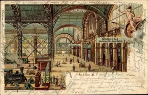 Litho Frankfurt am Main, Hauptbahnhof, Bahnhofshalle, Perron, Bahnsteige