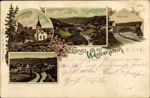 Litho Weissenstein Dillweißenstein Pforzheim im Schwarzwald, Ruine Rabeneck, Wasserfall, Totale