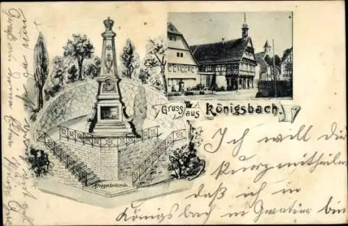 Ak Königsbach Stein in Baden, Kriegerdenkmal, Straßenpartie, Rathaus