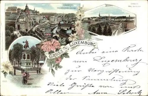 Litho Luxemburg, Teilansicht der Stadt, Wilhelms-Denkmal, Eingang vom Bahnhof