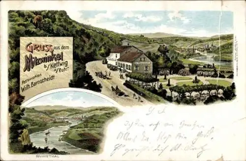 Litho Kettwig Essen im Ruhrgebiet, Mitzwinkel, Ruhrtal, Restauration Wilh. Barnscheidt