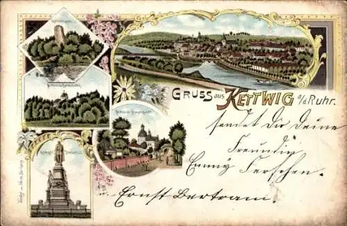 Litho Kettwig Essen im Ruhrgebiet, Panorama, Schloss Hugenpoet, Kriegerdenkmal, Schloss Landsberg