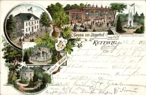 Litho Kettwig Essen im Ruhrgebiet, Gasthaus Jägerhof, Springbrunnen, Grotte