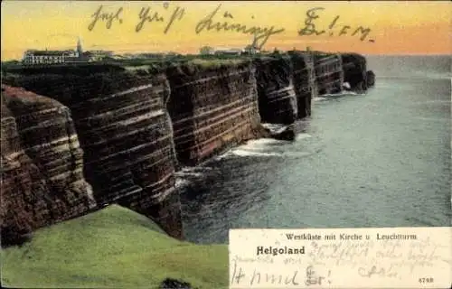 Ak Nordseeinsel Helgoland, Westküste, Kirche, Leuchtturm